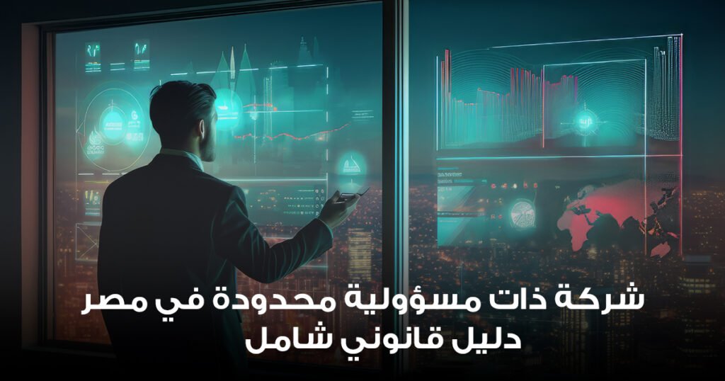 رجل أعمال يراقب لوحات رقمية تفاعلية تعبر عن تأسيس وإدارة شركة ذات مسؤولية محدودة في مصر ضمن دليل قانوني شامل.